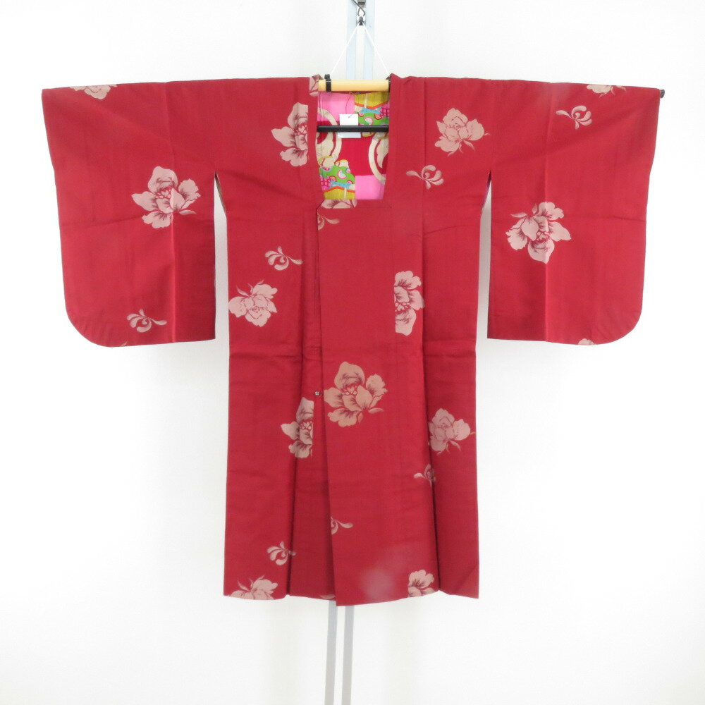着物コート アンティーク 昔道行 絹 赤色 薔薇模様 レトロ 身丈107cm【中古】
