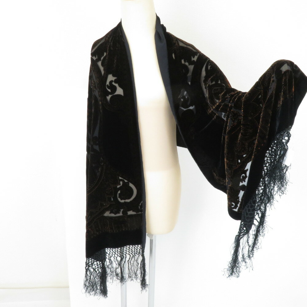 ショール ベルベットショール 更紗模様 黒x茶色　組成ベースシルク100％ 長さ174cm【中古】