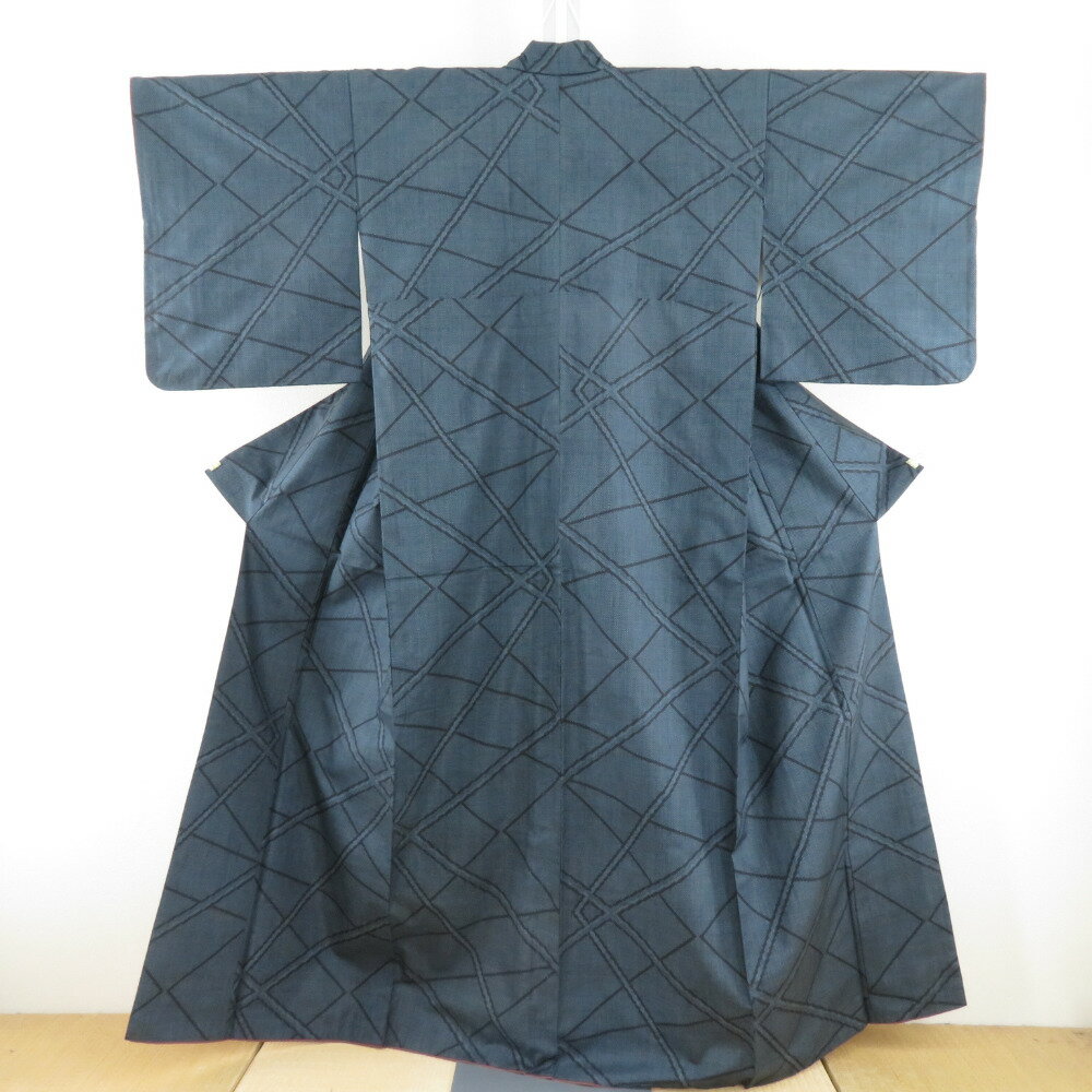 紬 着物 大島紬 幾何学模様 紺色x青色 袷 広衿 正絹 仕立て上がり着物 身丈158cm