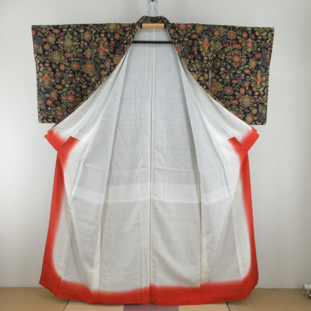小紋 紺色x辛子色x緑色 花模様 正絹 袷 広衿 仕立て上がり着物 身丈157cm【中古】