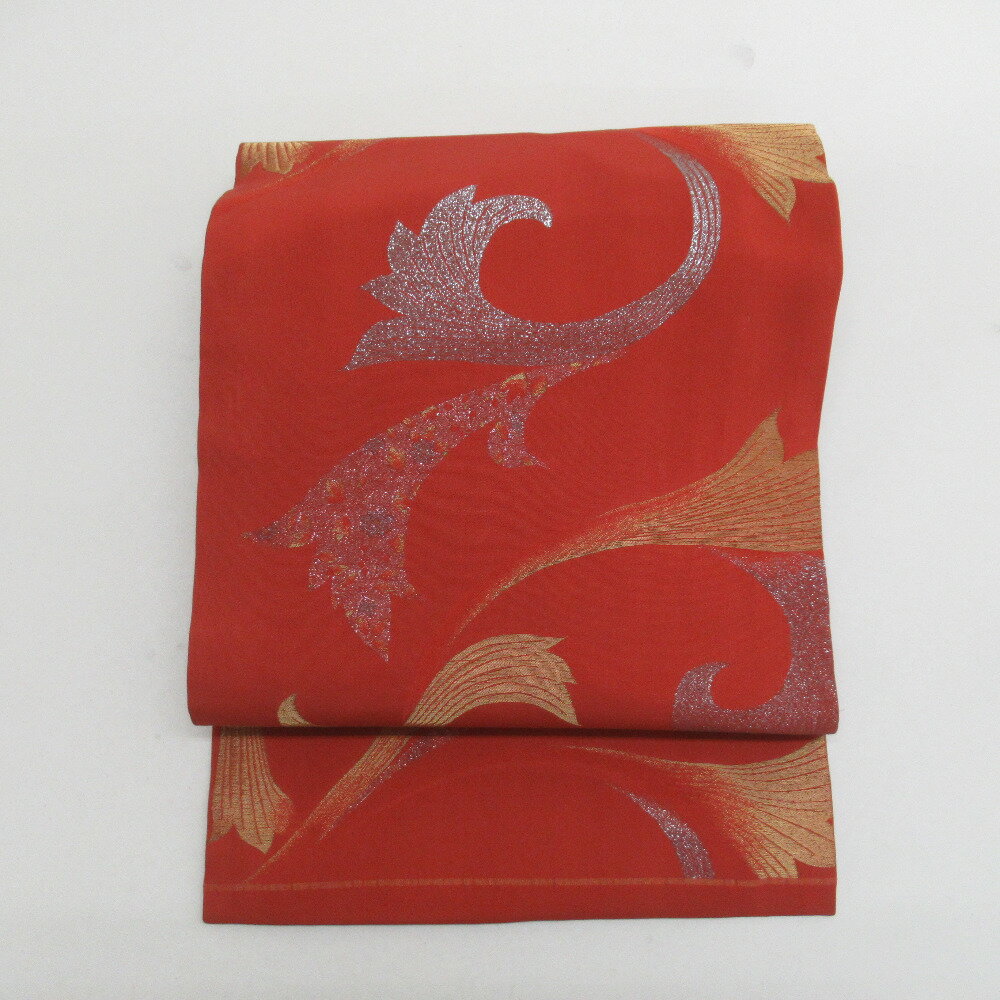 名古屋帯 絹 煉瓦色x金x銀 金糸銀糸 葉文様 御召織文様 六通柄 カジュアル 仕立て上がり 着物帯 長さ37..