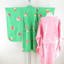 子供着物 女の子用 四つ身 襦袢セット 箔 毬文様 緑色 正絹 袷 フォーマル 子供きもの 女児 七五三 祝着 身丈97cm【中古】