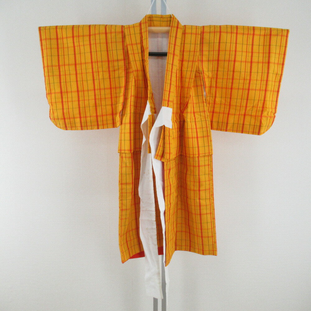 子供着物 絹 紬 格子模様 黄色x赤色 女児用 アンサンブル 身丈90.5cm【中古】