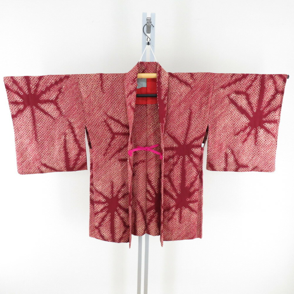 羽織 アンティーク 絞り 長羽織 正絹 赤茶色 レトロモダン 羽織紐付き 身丈79cm【中古】
