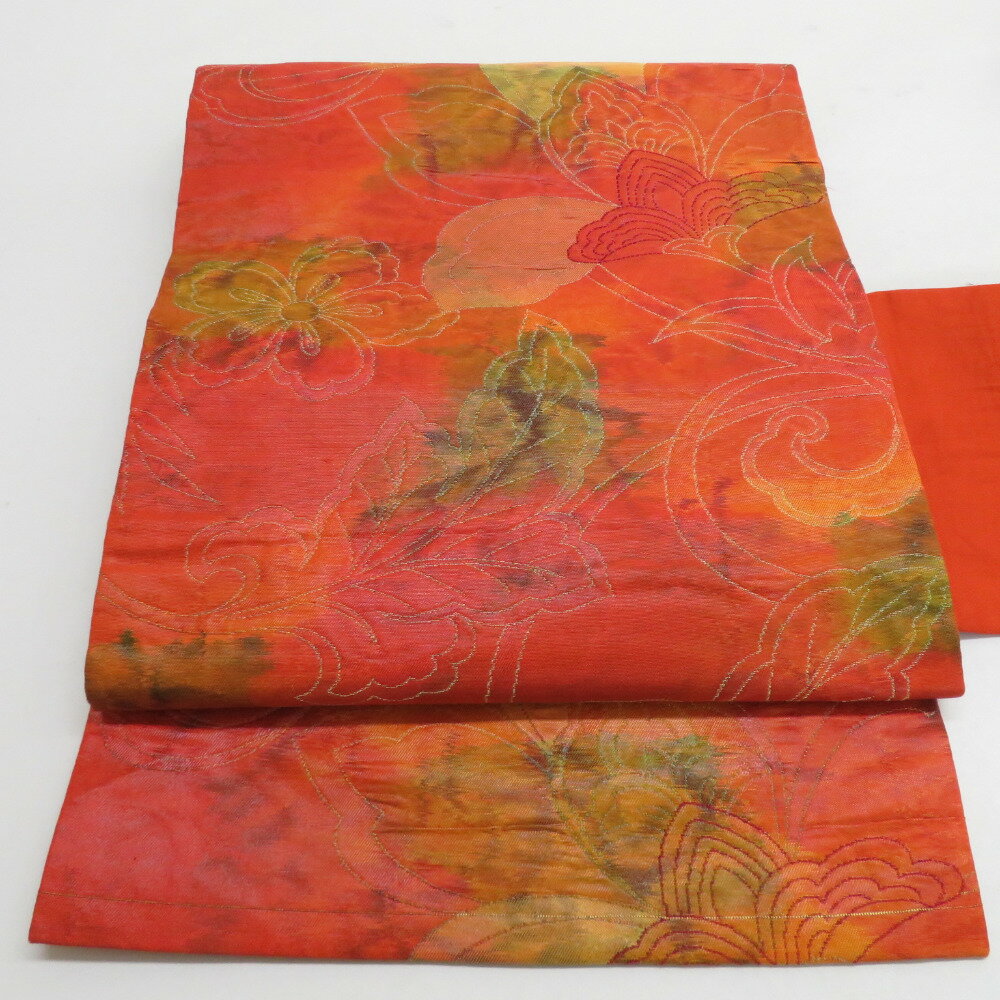 Nagoya Sash - 名古屋帯 花唐草文様 正絹 橙色 九寸帯 六通柄 仕立て上がり カジュアル 着物帯 長さ360cm【中古】