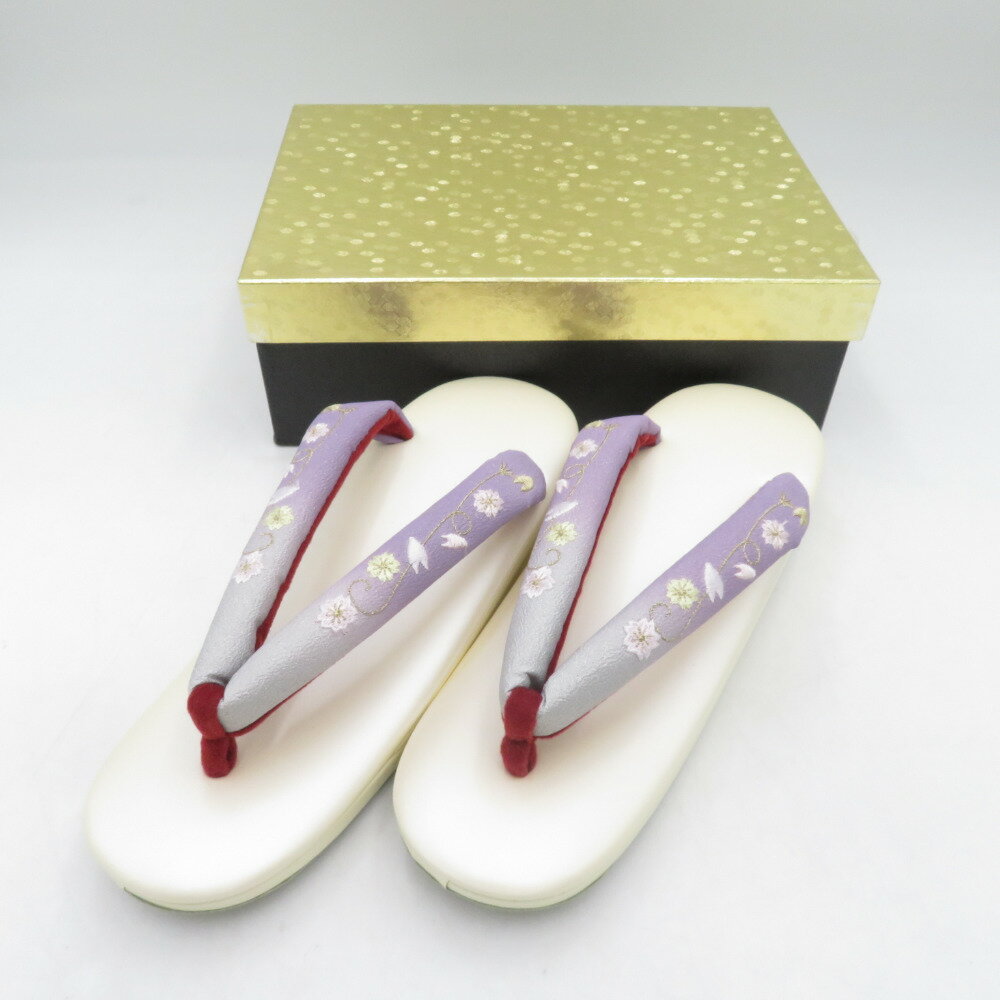 草履 東京浅草【金鷲】キンワシ印 刺繍鼻緒 Lサイズ オフホワイト 桜柄 24cm 日本製 未使用品【中古】