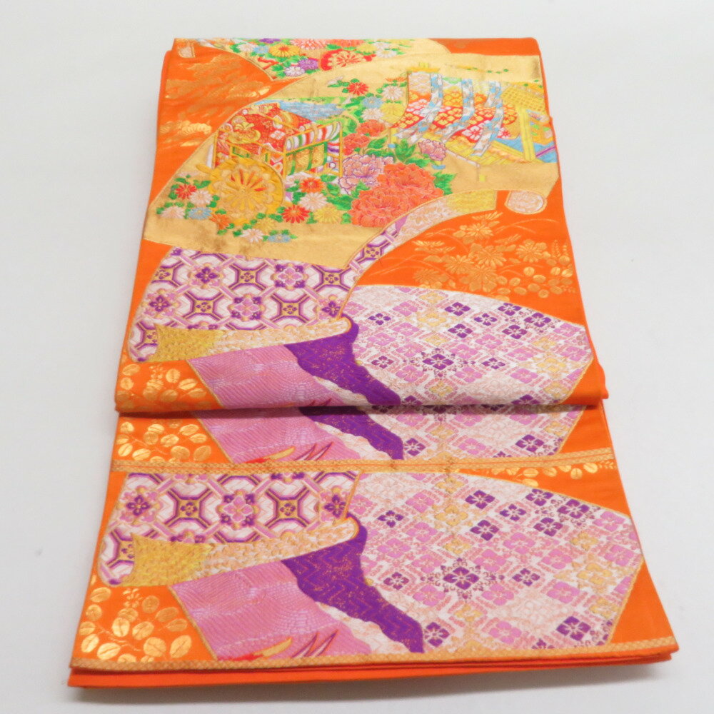 袋帯 扇面御所車文 橙色 金糸 六通柄 正絹 礼装 フォーマル 着物帯 長さ426cm【中古】