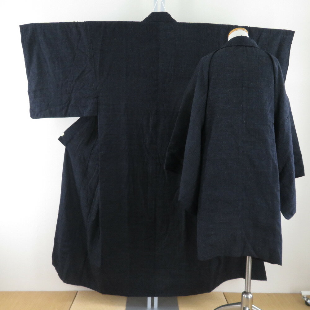 男着物 紬 アンサンブル 袷 黒青色 正絹 男性用きもの メンズ 仕立て上がり 和服 男物 カジュアル 身丈147cm