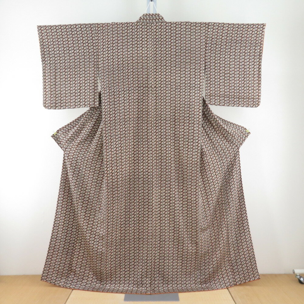 Rakuten - 小紋 小花模様 茶色xクリーム色 正絹 袷 広衿 仕立て上がり着物 身丈160cm【中古】