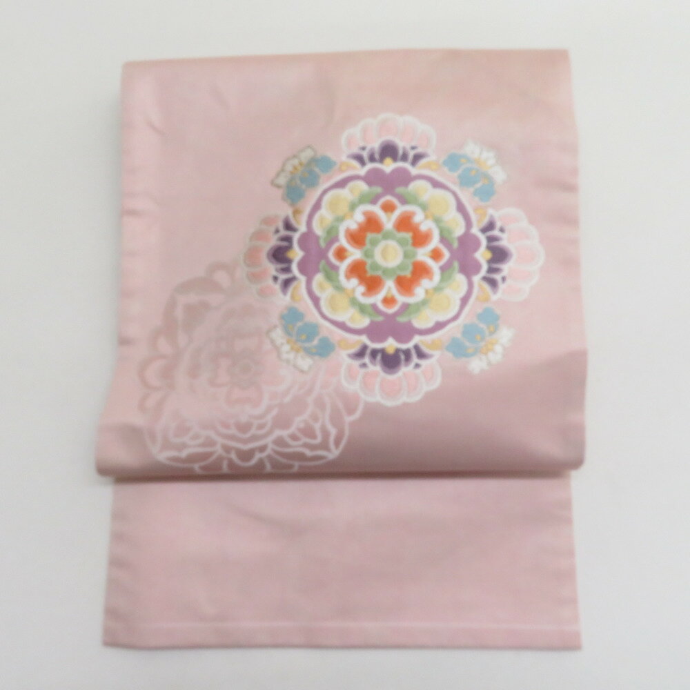 Nagoya Sash - 名古屋帯 華紋文様 ベージュピンクx紫色x多色 金糸銀糸 正絹 お太鼓柄 仕立て上がり 着物帯 長さ360cm【中古】