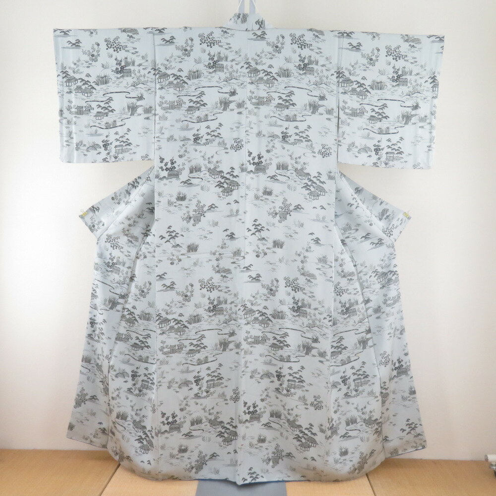 Rakuten - 小紋 袷 風景模様 グレーブルー 正絹 広衿 仕立て上がり着物 身丈156cm【中古】
