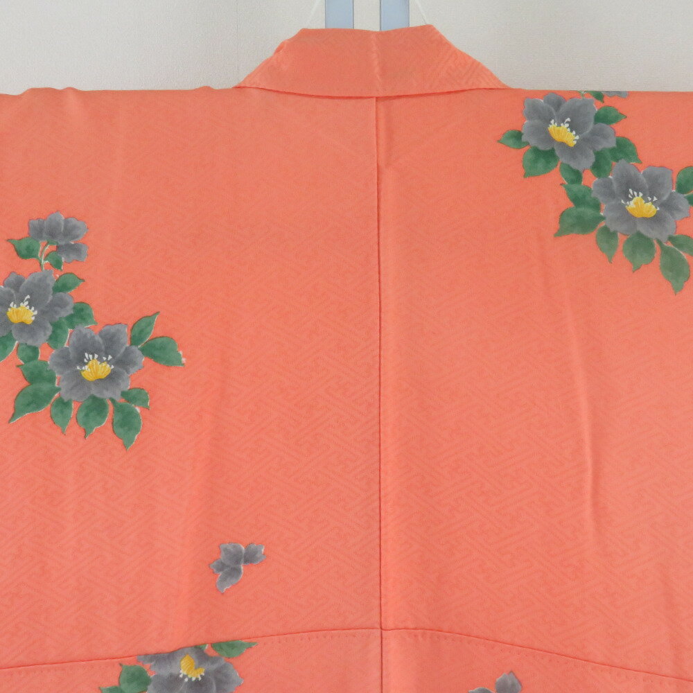 子供着物 オレンジ色x緑色 バチ衿 花模様 女児用 絹 身丈151cm【中古】