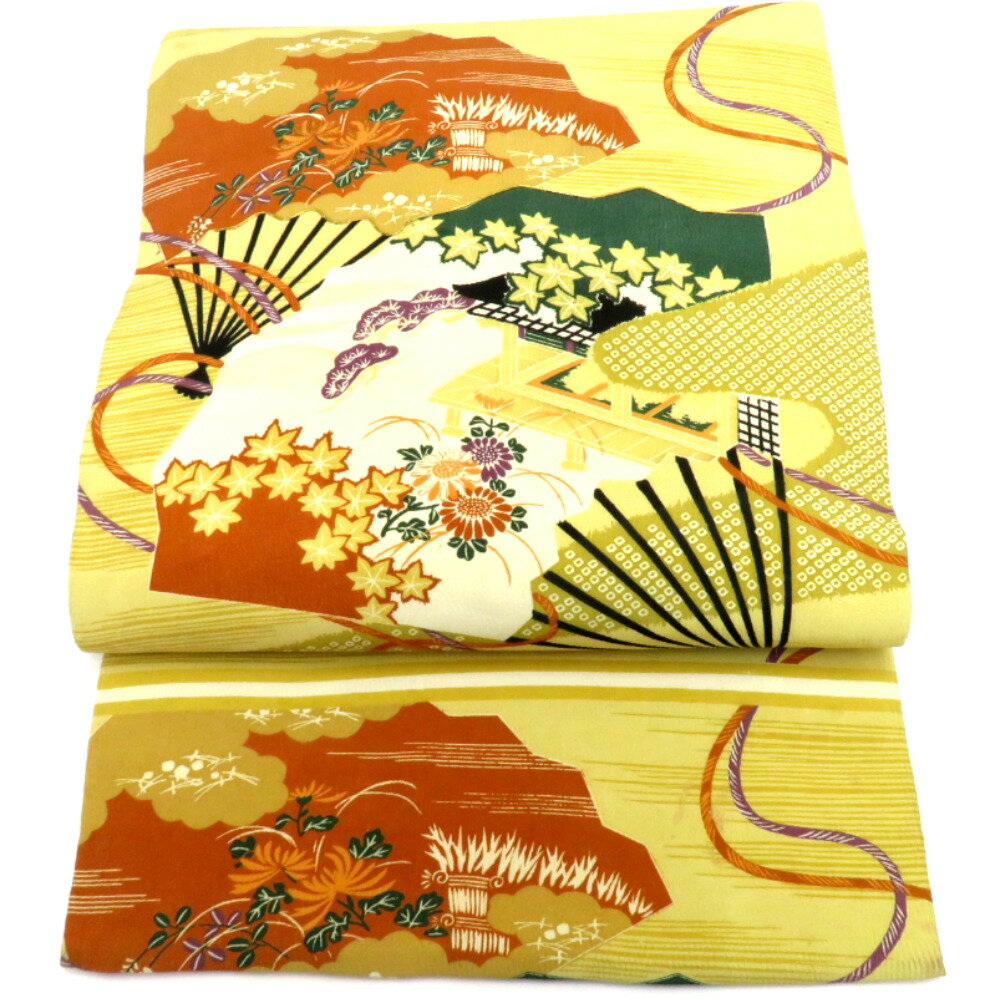 名古屋帯 アンティーク帯 昔名古屋帯 緑 金 渋オレンジ 黒 古典芸能 小道具 刺繍 金コマ刺繍 昔帯 九寸帯 レトロモダン 明治・大正ロマン  長さ341cm 【キモノオフ野々市若松店】 名古屋帯 アンティーク帯 昔名古屋帯 緑 金 渋オレンジ 黒 古典芸能