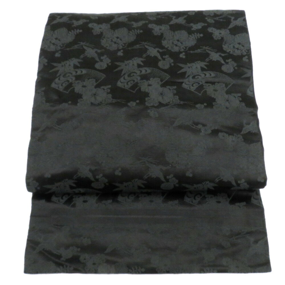 名古屋帯 アンティーク帯 昔名古屋帯 繻子 黒 地模様 鶴 扇面 花 雪輪 昔帯 九寸帯 レトロモダン 明治・大正ロマン 正絹 長さ370cm