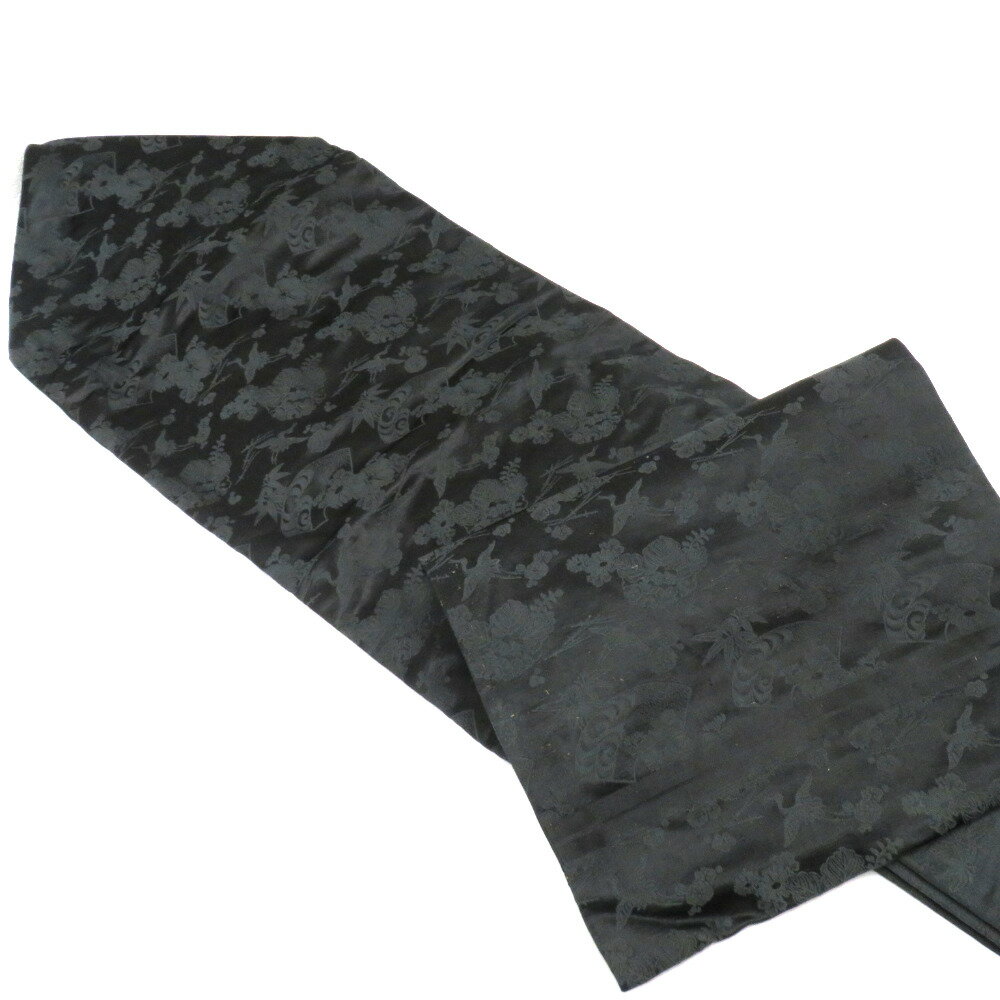 名古屋帯 アンティーク帯 昔名古屋帯 繻子 黒 地模様 鶴 扇面 花 雪輪 昔帯 九寸帯 レトロモダン 明治・大正ロマン 正絹 長さ370cm