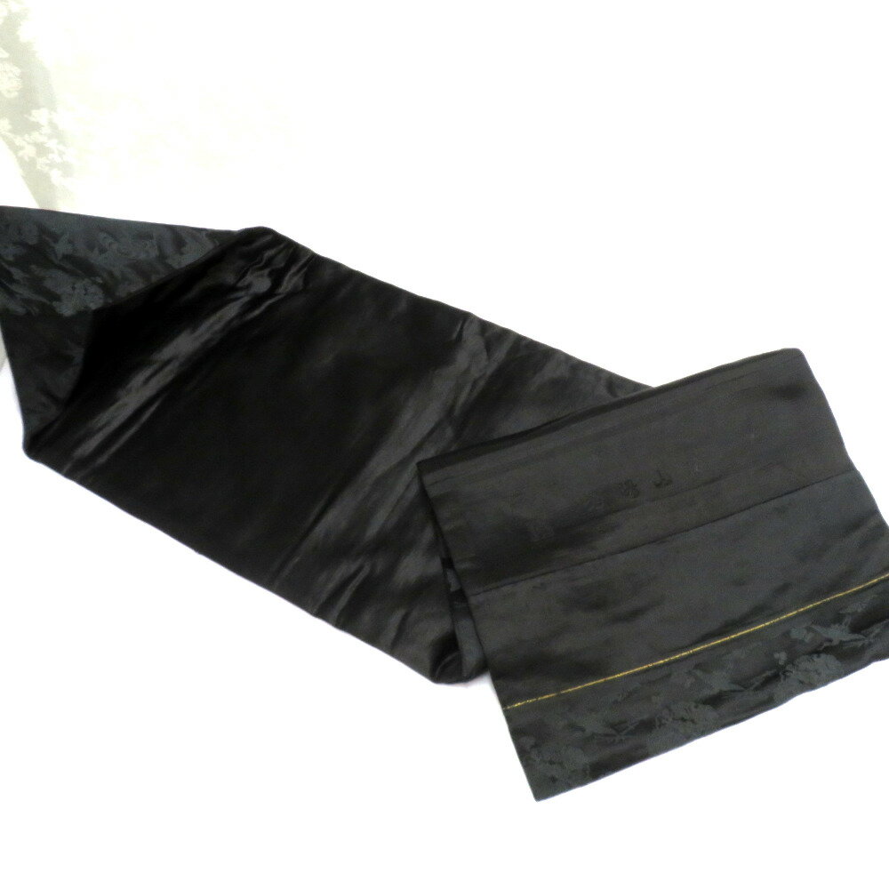 名古屋帯 アンティーク帯 昔名古屋帯 繻子 黒 地模様 鶴 扇面 花 雪輪 昔帯 九寸帯 レトロモダン 明治・大正ロマン 正絹 長さ370cm