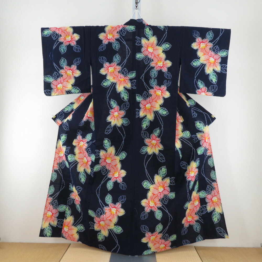 浴衣 女性ゆかた 紺色x黄色x緑色 花模様 ぼかし染め コーマ地 綿 夏物 レディース 仕立て上がり 身丈157cm