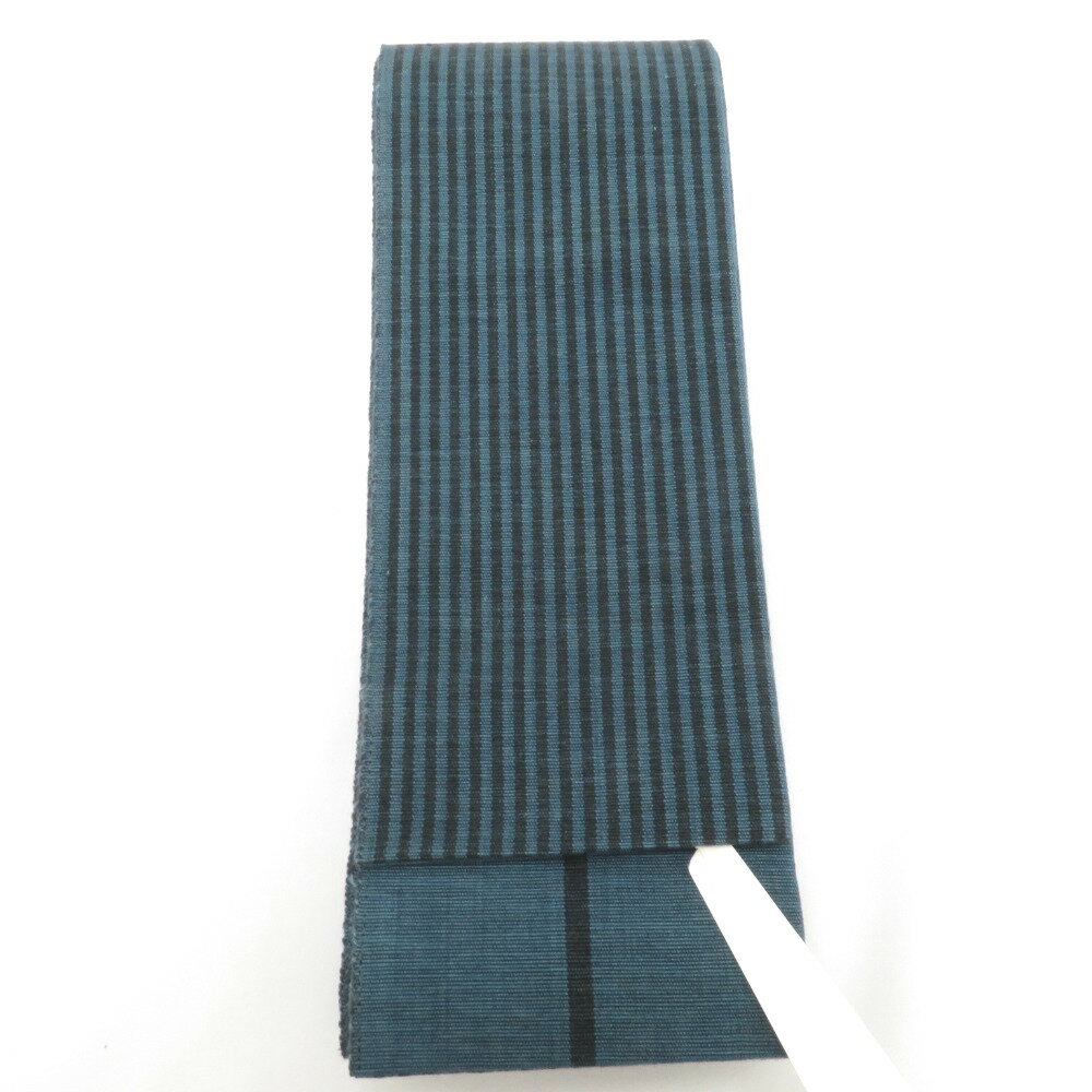 角帯 正絹 青×黒 横縞 リバーシブル 紳士 男性用 メンズ 男帯 着物 和装 浴衣にも ボーダー 長さ422cm【中古】