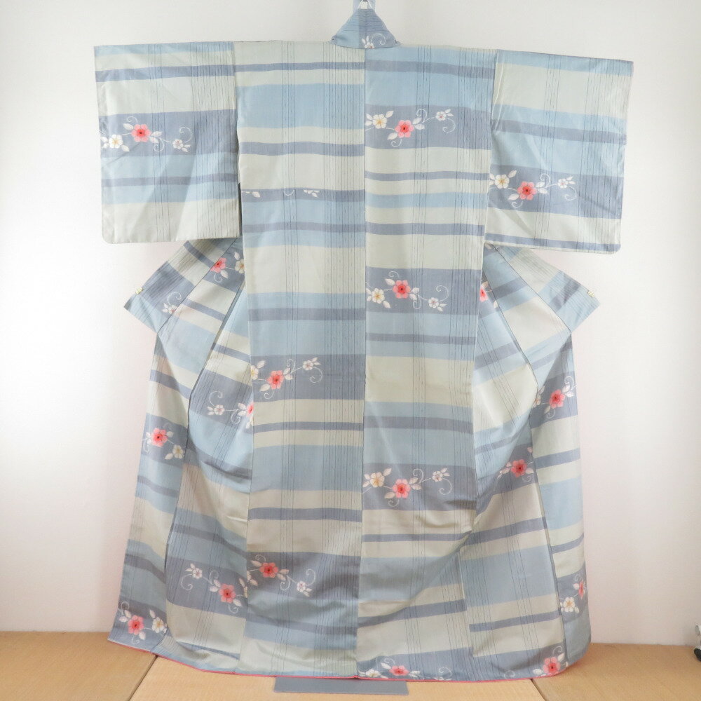 紬 着物 格子に花唐草文様 灰青色 灰緑色 袷 広衿 正絹 カジュアル着物 仕立て上がり 身丈164cm