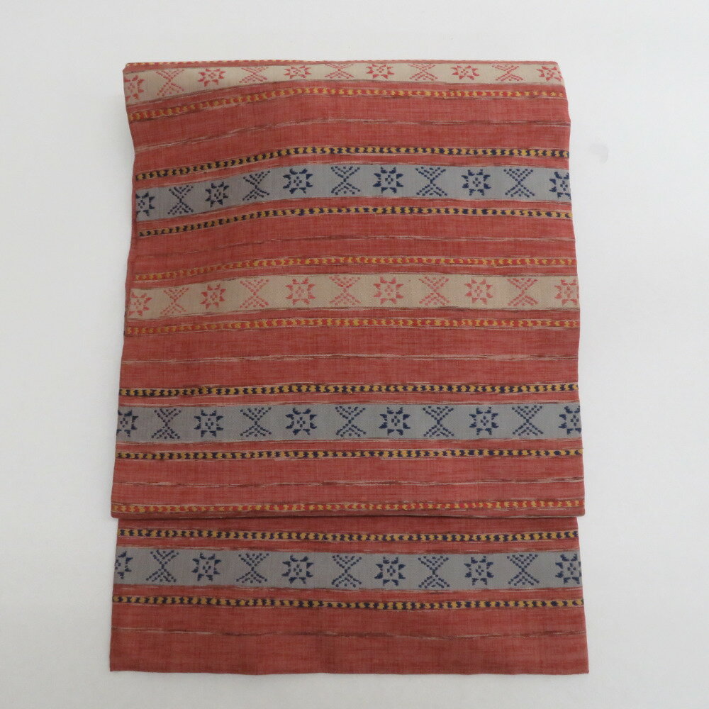 名古屋帯 正絹 紬 赤色x青色x黄色 幾何学模様 六通柄 カジュアル 仕立て上がり 着物帯 長さ329cm【中古】