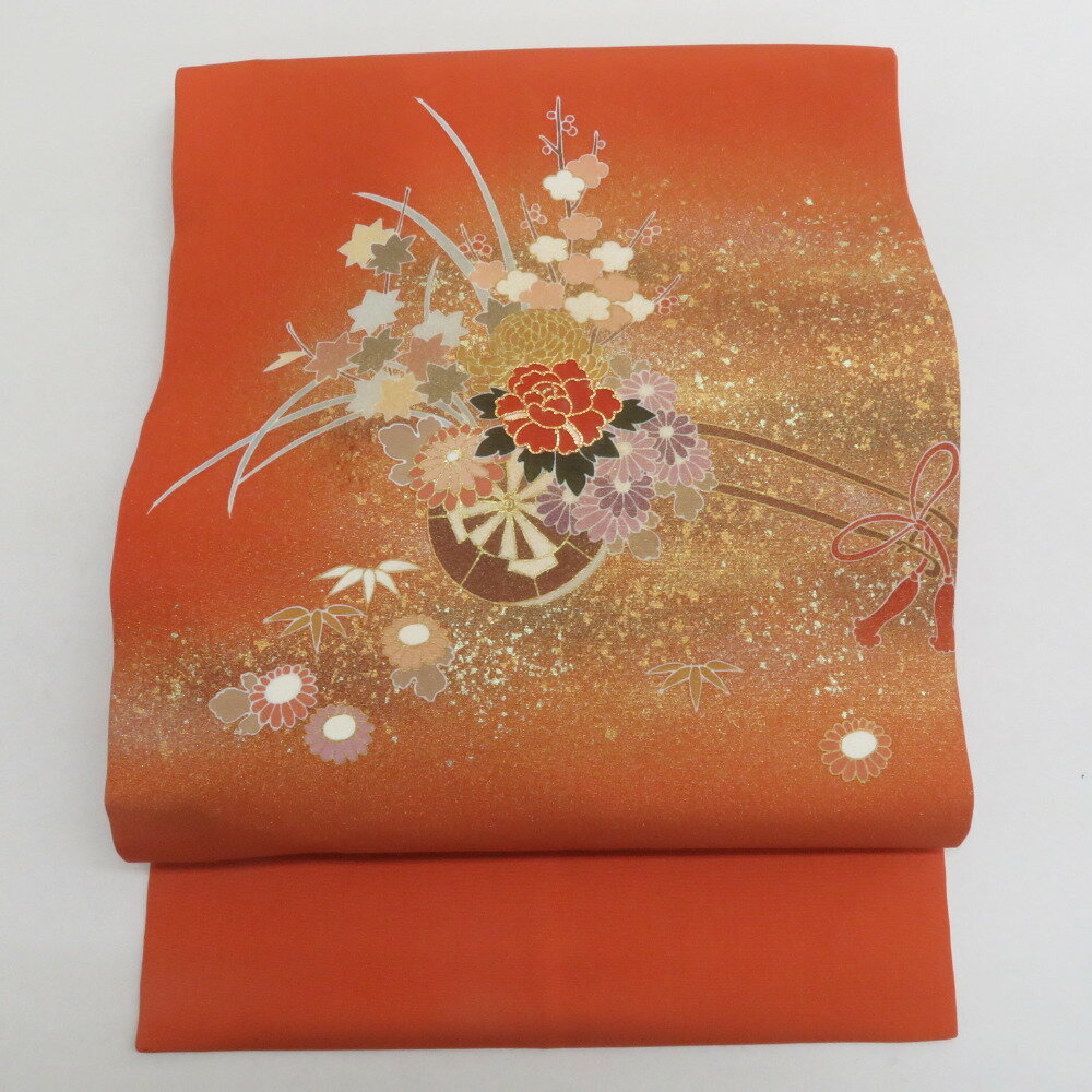 Rakuten - 名古屋帯 正絹 塩瀬 オレンジ地 オレンジ色x薄黄色x薄緑色 花車模様 刺繍入り お太鼓柄 仕立て上がり 着物帯 長さ371cm【中古】
