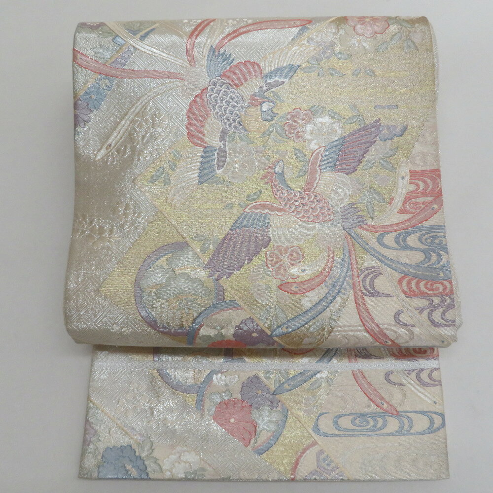 袋帯 佐賀錦 六通柄 尾長に吉祥文 銀糸金糸 シルバー系 パステル系 多色 正絹 仕立て上がり 長さ432cm【中古】