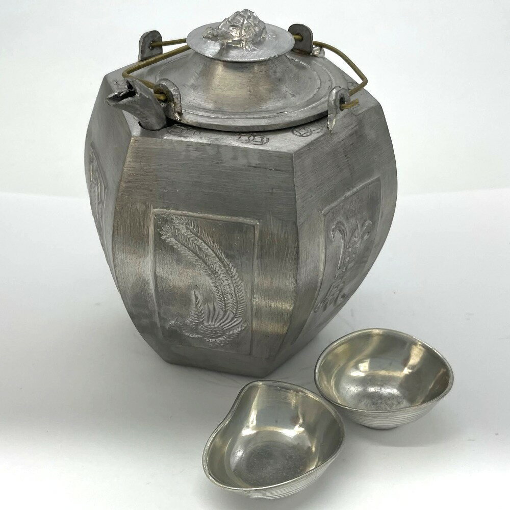 食器 中国酒器 3点セット 六角 酒燗器 酒杯 ちろり 錫製 龍鳳紋 2重