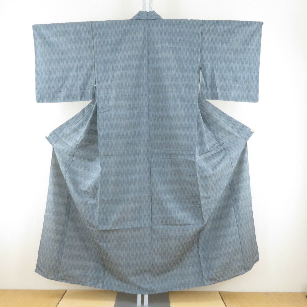 紬 着物 単衣グレーxブルー 立涌模様 バチ衿 正絹 小柄サイズ 仕立て上がり着物 身丈152cm【中古】