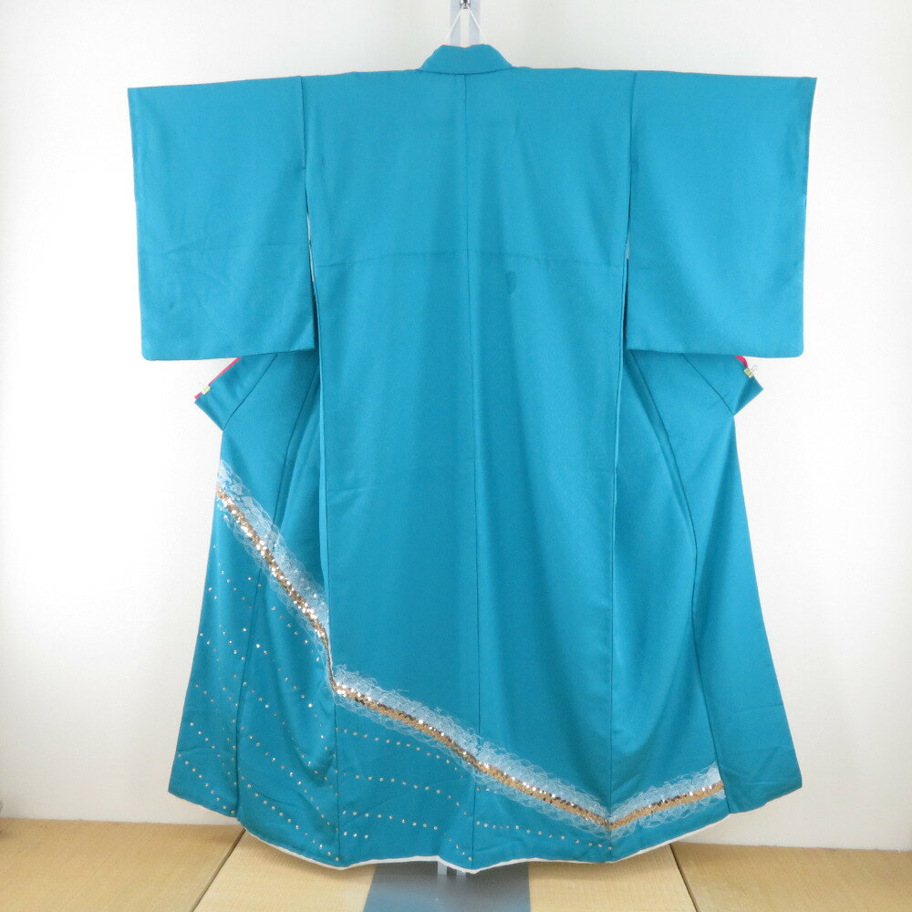 踊り着物 自作 リメーク ターコイズブルー スパンコール ポリエステル レース模様 派手 舞台 イベント ..