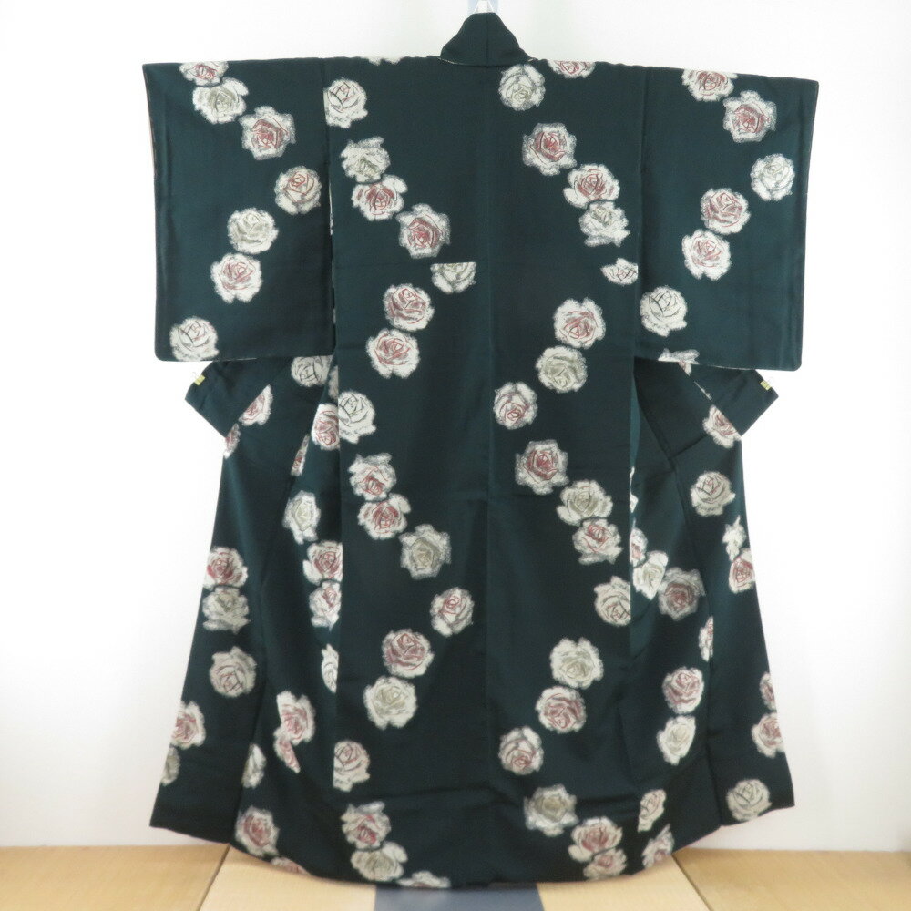 アンティーク 御召 薔薇柄 緑色 袷 広衿 正絹 昭和レトロ 紋なし 昔着物 身丈157cm【中古】(4)