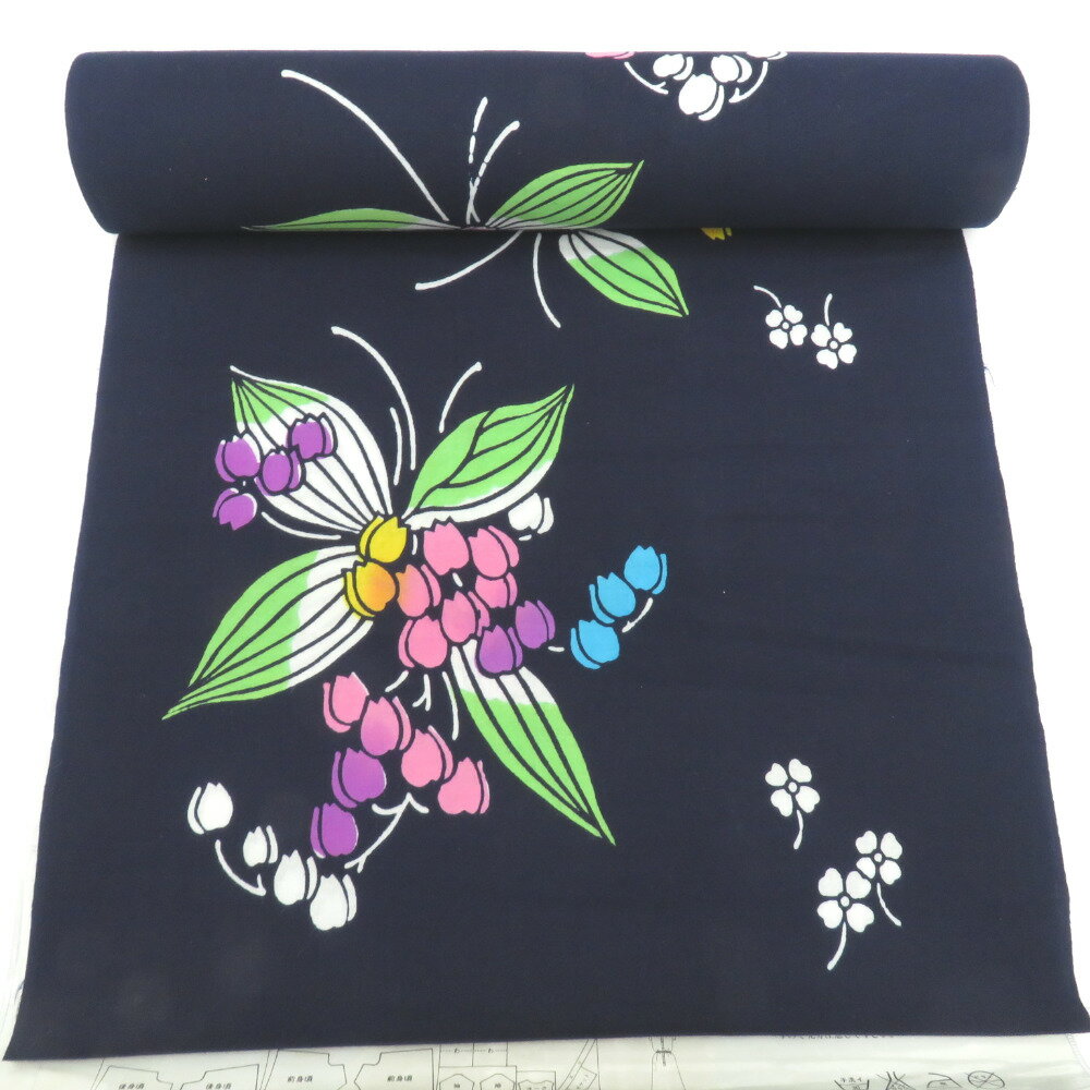 反物 浴衣反物 紺地 花・葉 綿100％ 未仕立て 糸留めあり 和裁練習用 生地 洋服リメイク 長さ1180cm【..