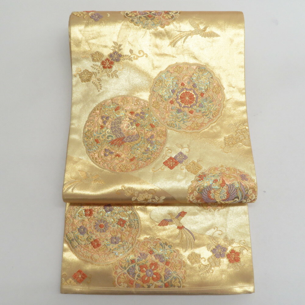 袋帯 正絹 丸文に鳳凰紋様 金糸 ゴールド系 六通柄 フォーマル 礼装 長さ440cm【中古】