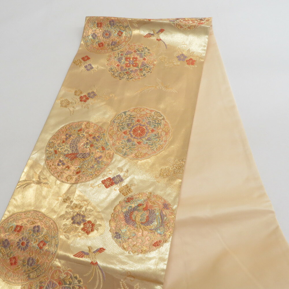 袋帯 正絹 丸文に鳳凰紋様 金糸 ゴールド系 六通柄 フォーマル 礼装 長さ440cm【中古】 2