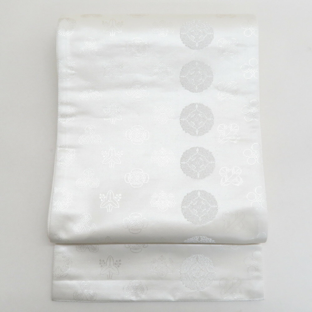 袋帯 正絹 銀糸 ホワイトxシルバー 家紋文様 六通柄 フォーマル 礼装 長さ440cm【中古】(4)