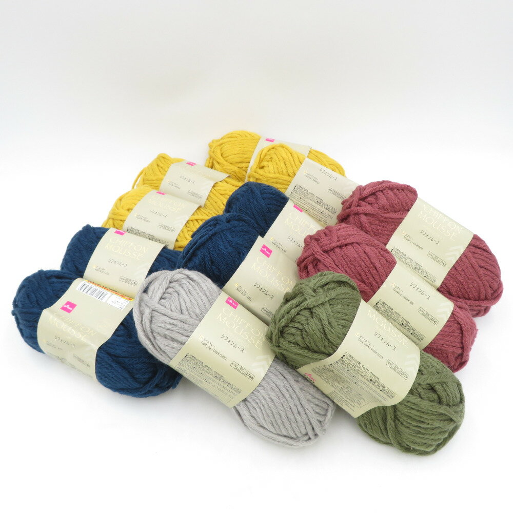 DAISO (ダイソー) 毛糸 シフォンムース 12玉セット デニムブルー カナリアイエロー ラズベリー ライトグレー ディープグリーン 1玉40g 約37m 未使用品【中古】