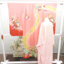 子供着物 女の子用 四つ身 襦袢セット ピンク×薄オレンジ×黄緑ぼかし 花車 一つ紋 ツタ紋 パールトーン加工 正絹 袷 フォーマル 子供きもの 女児 七五三 ...