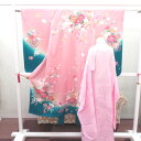 子供着物 女の子用 四つ身 襦袢セット ピンク×ブルー系 花車 友禅調 一つ紋 ツタ紋 正絹 袷 フォーマル 子供きもの 女児 七五三 祝着 身丈130cm【中...