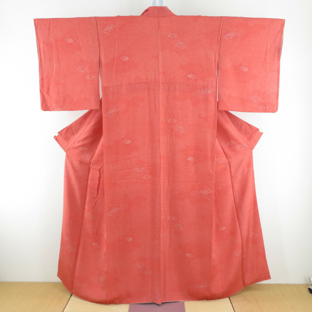 夏着物】小紋＊紋紗 花柄 濃淡オレンジ まだら 普段着 正絹 7KY74 夏