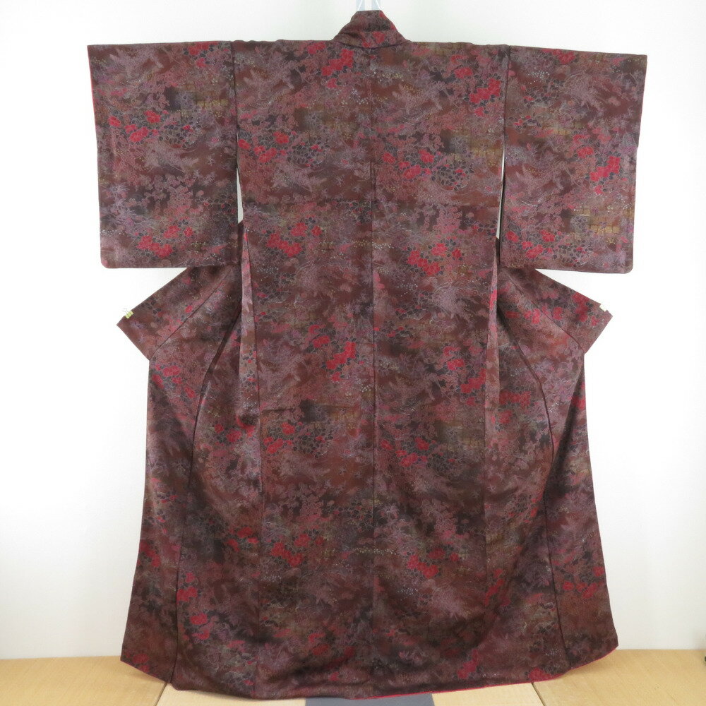 Rakuten - 小紋 縮緬 箔 花鳥文様 袷 広衿 赤茶色 正絹 仕立て上がり カジュアル着物 身丈160cm【中古】