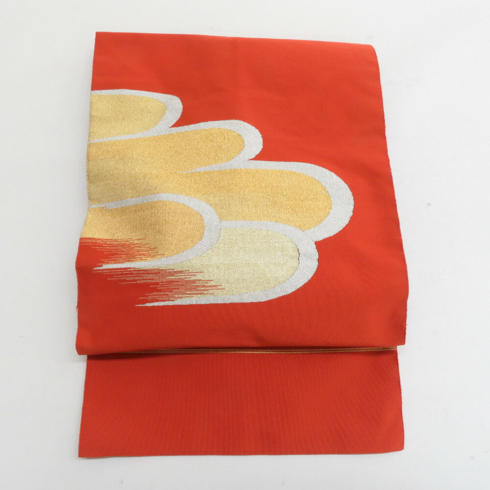 名古屋帯 正絹 霞模様 本綴れ オレンジ色x金色 金糸銀糸 お太鼓柄 カジュアル 仕立て上がり 着物帯 長さ369cm【中古】