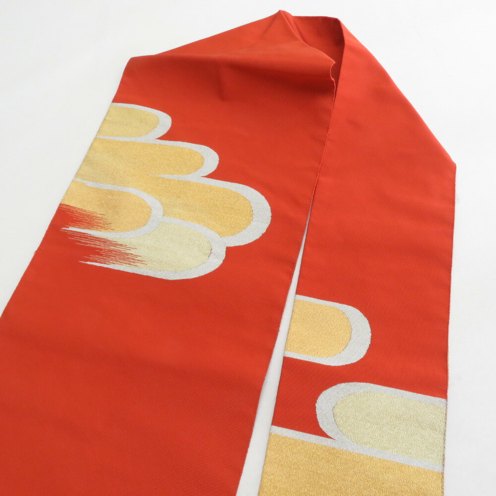 名古屋帯 正絹 霞模様 本綴れ オレンジ色x金色 金糸銀糸 お太鼓柄 カジュアル 仕立て上がり 着物帯 長さ369cm【中古】