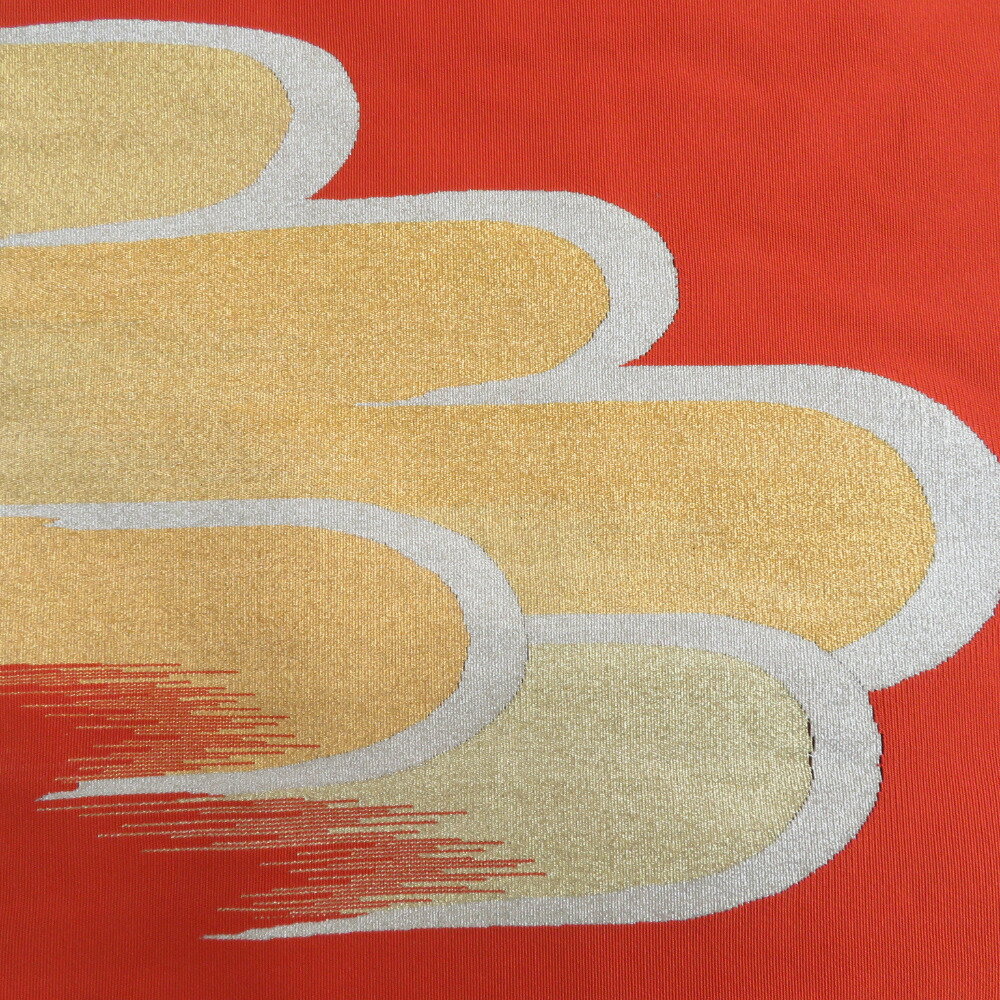 名古屋帯 正絹 霞模様 本綴れ オレンジ色x金色 金糸銀糸 お太鼓柄 カジュアル 仕立て上がり 着物帯 長さ369cm【中古】