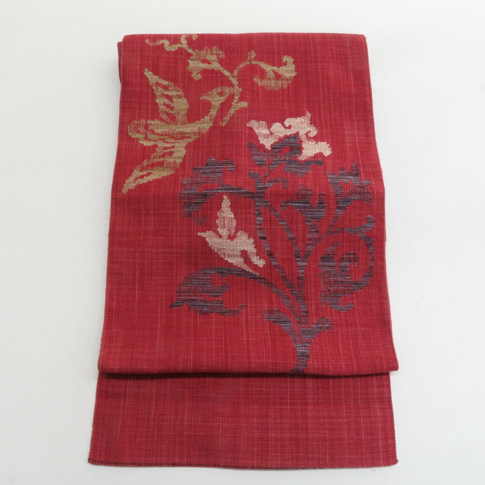 名古屋帯 正絹 八寸帯 煉瓦色x黒色x多色 植物に鳥文様 お太鼓柄 カジュアル 仕立て上がり 着物帯 長さ3..