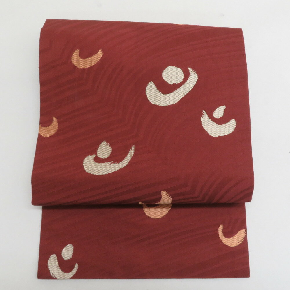 名古屋帯 正絹 煉瓦色x薄オレンジ色 六通柄 幾何学模様 カジュアル 仕立て上がり 着物帯 長さ363cm【中..