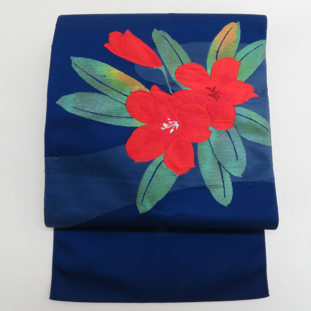 名古屋帯 ポリエステル 青色x赤色x緑色 お太鼓柄 花文様 カジュアル 仕立て上がり 着物帯 長さ366cm【中古】