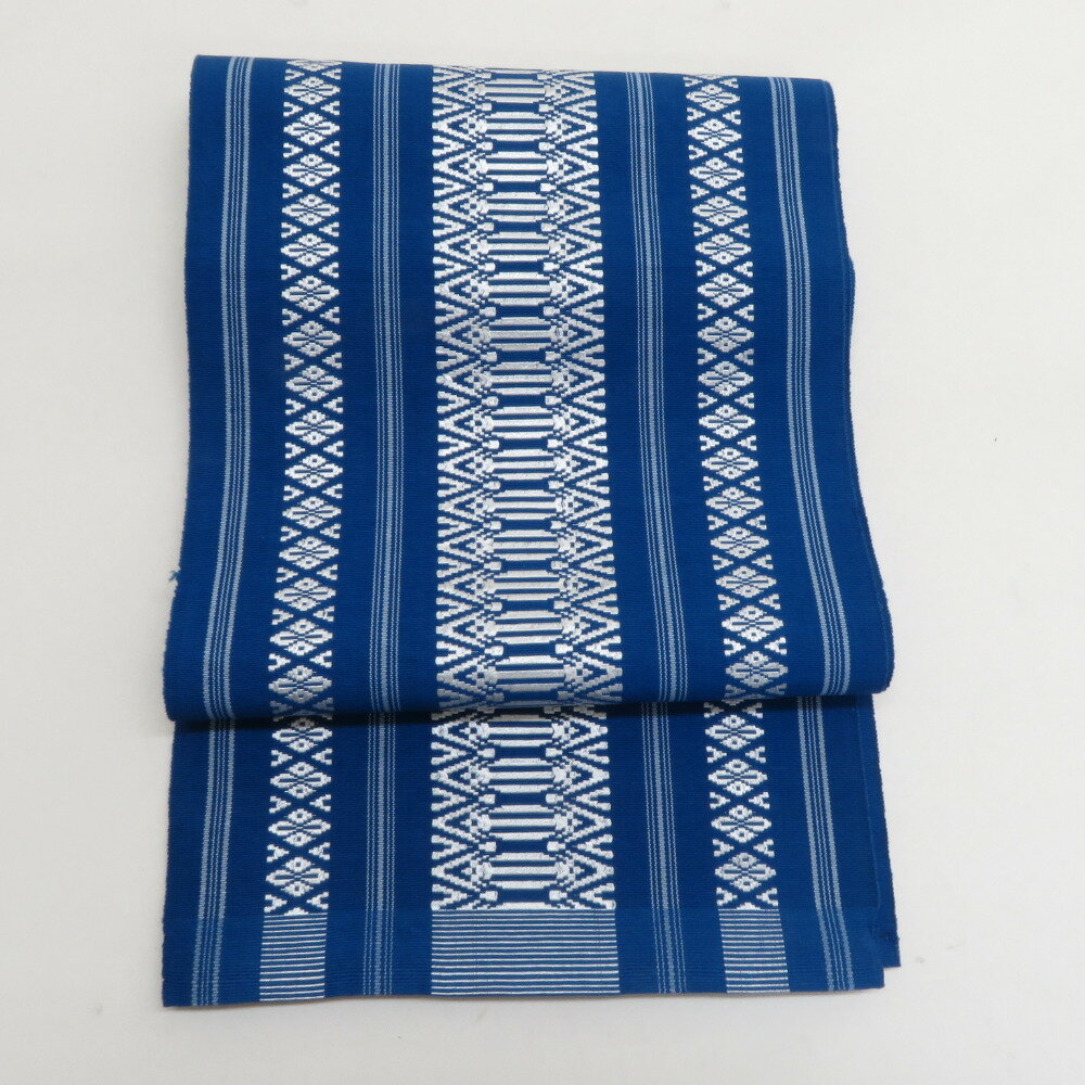 名古屋帯 八寸帯 博多織 正絹 青色x白色 献上柄 全通柄 カジュアル 仕立て上がり 着物帯 長さ388cm【中古】