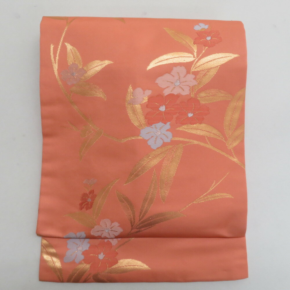 名古屋帯 正絹 金糸 オレンジ色x金色 六通柄 花々文様 仕立て上がり 着物帯 長さ352cm【中古】