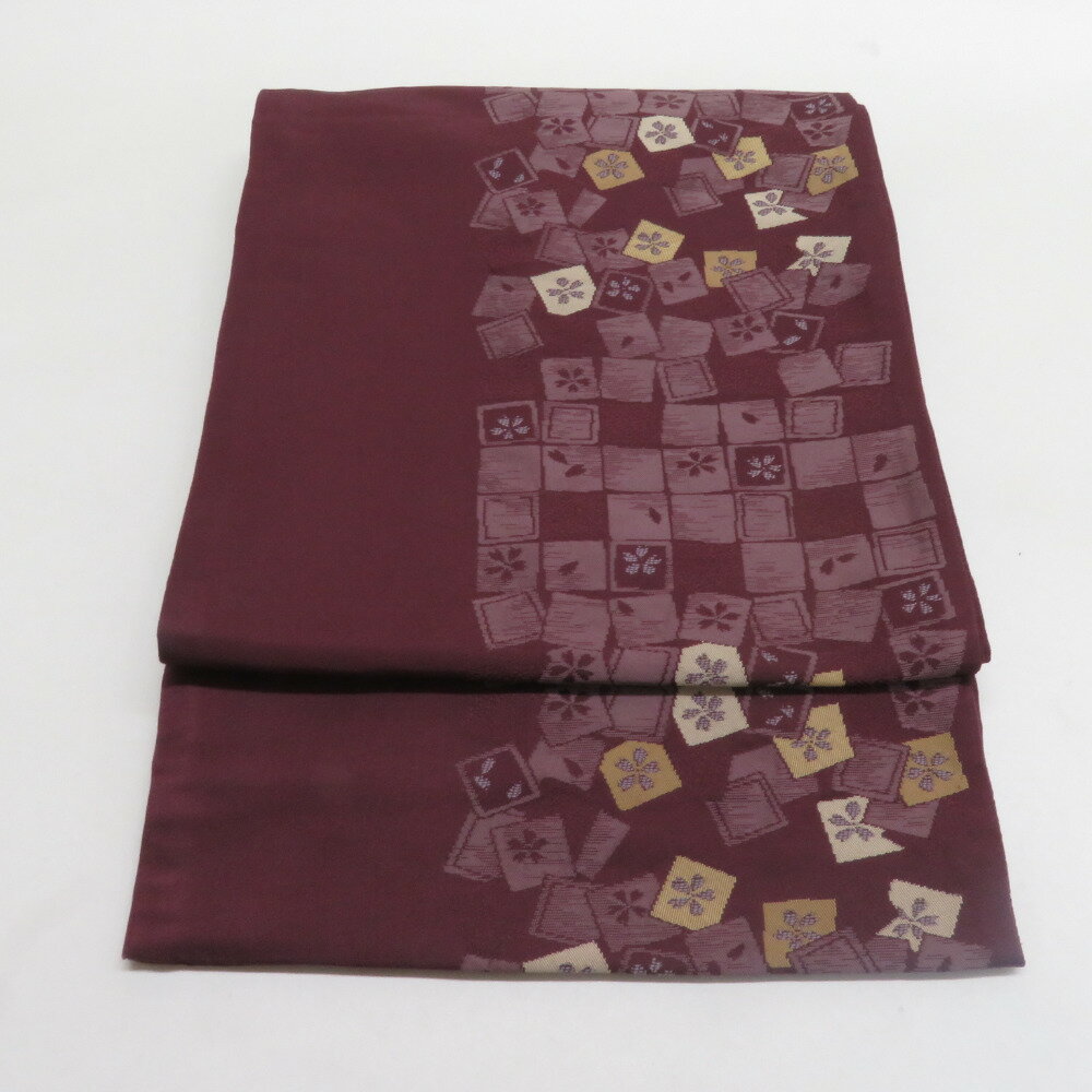 京袋帯 色紙に桜文様 ポリエステル 洗える 六通柄 紫色 カジュアル 仕立て上がり 長さ380cm【中古】