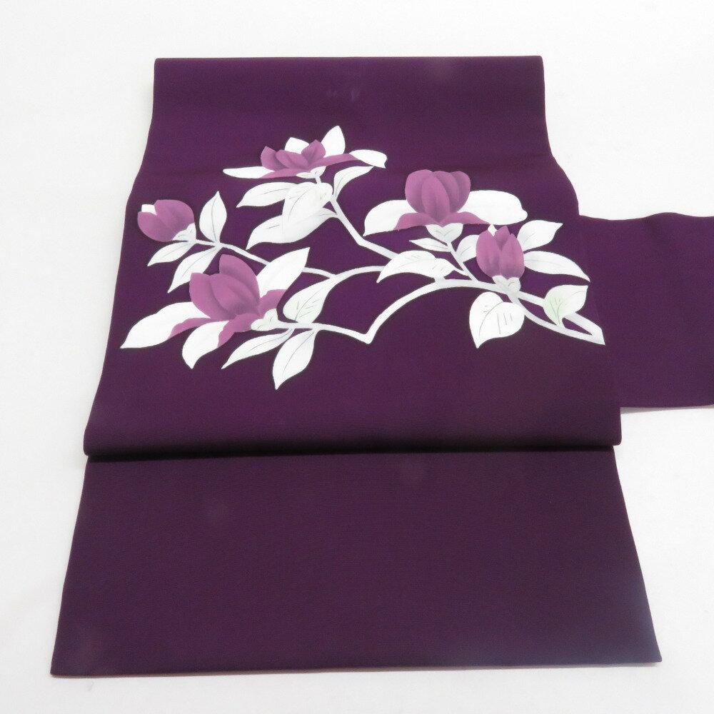 名古屋帯 正絹 塩瀬 木蓮文様 お太鼓柄 九寸帯 紫色 カジュアル 仕立て上がり 着物帯 長さ357cm【中古】