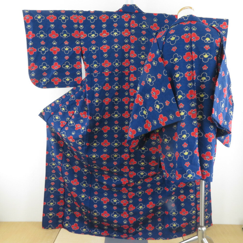 ウール着物 アンサンブル 羽織セット 梅柄 単衣 青色 バチ衿 カジュアルきもの 仕立て上がり 身丈169cm..